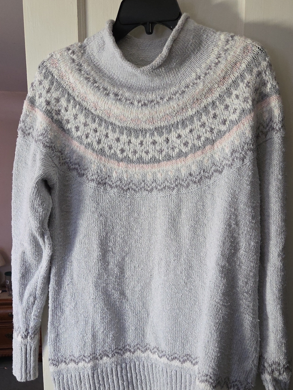 L.L. Bean Light Gray Fair Isle Turtleneck Sweater with Pink Accents